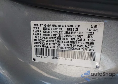 2005 Honda Odyssey Ex-L from USA, damaged, VIN 5FNRL38755B082740